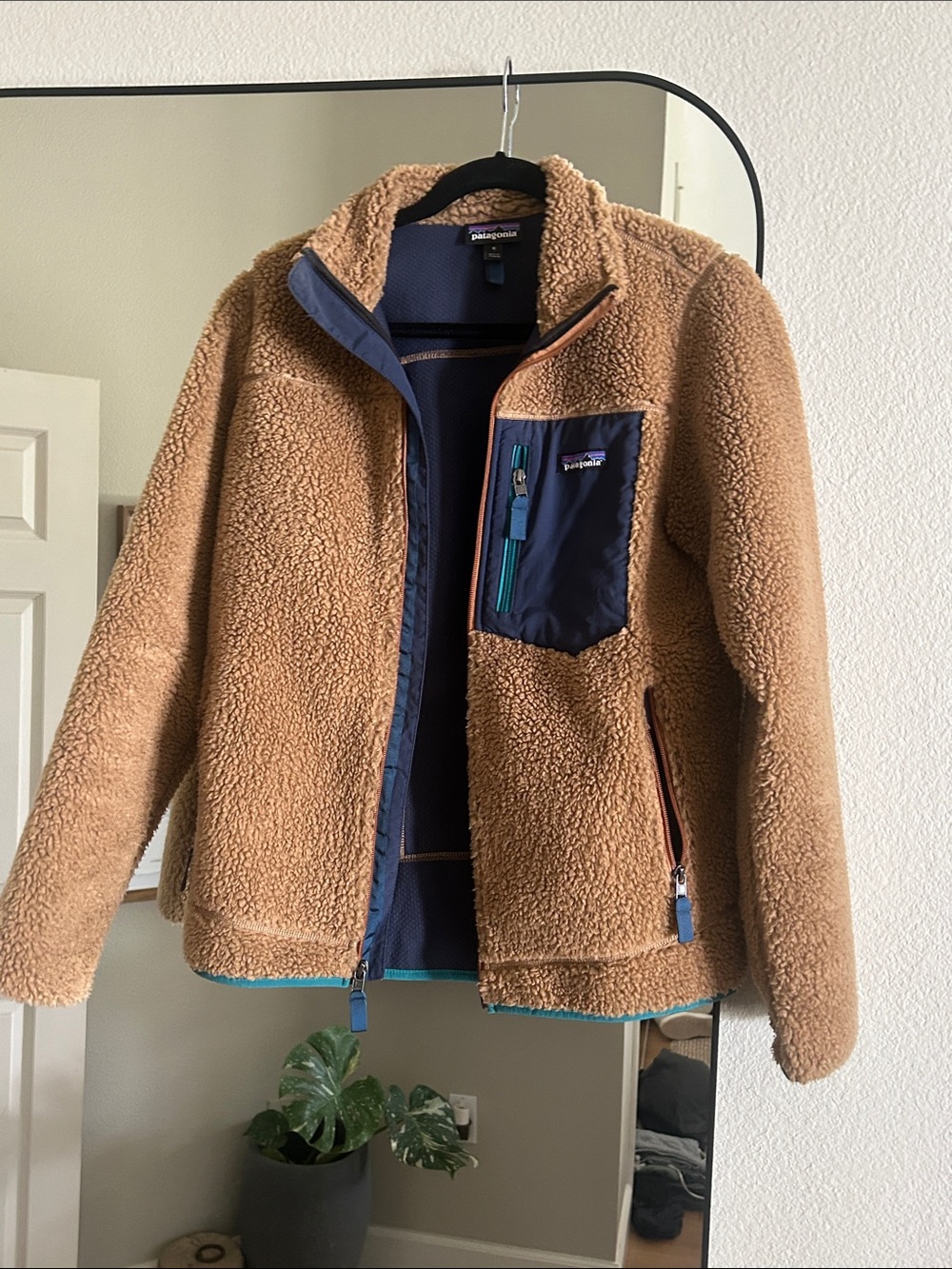 Patagonia Tan Sherpa Fleece Jacket with Navy Chest Pocket